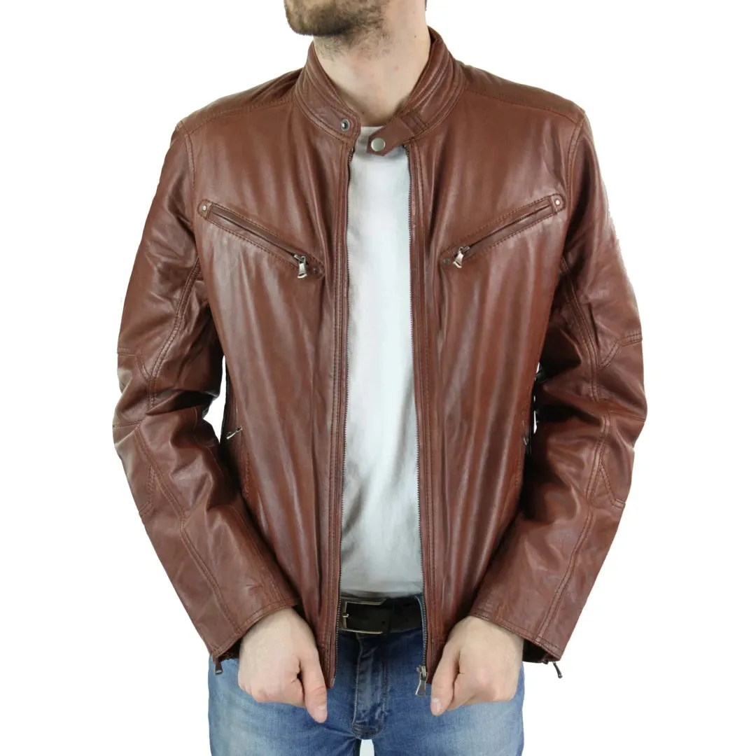 Men's Zipped Leather Biker Jacket Black Tan Brown