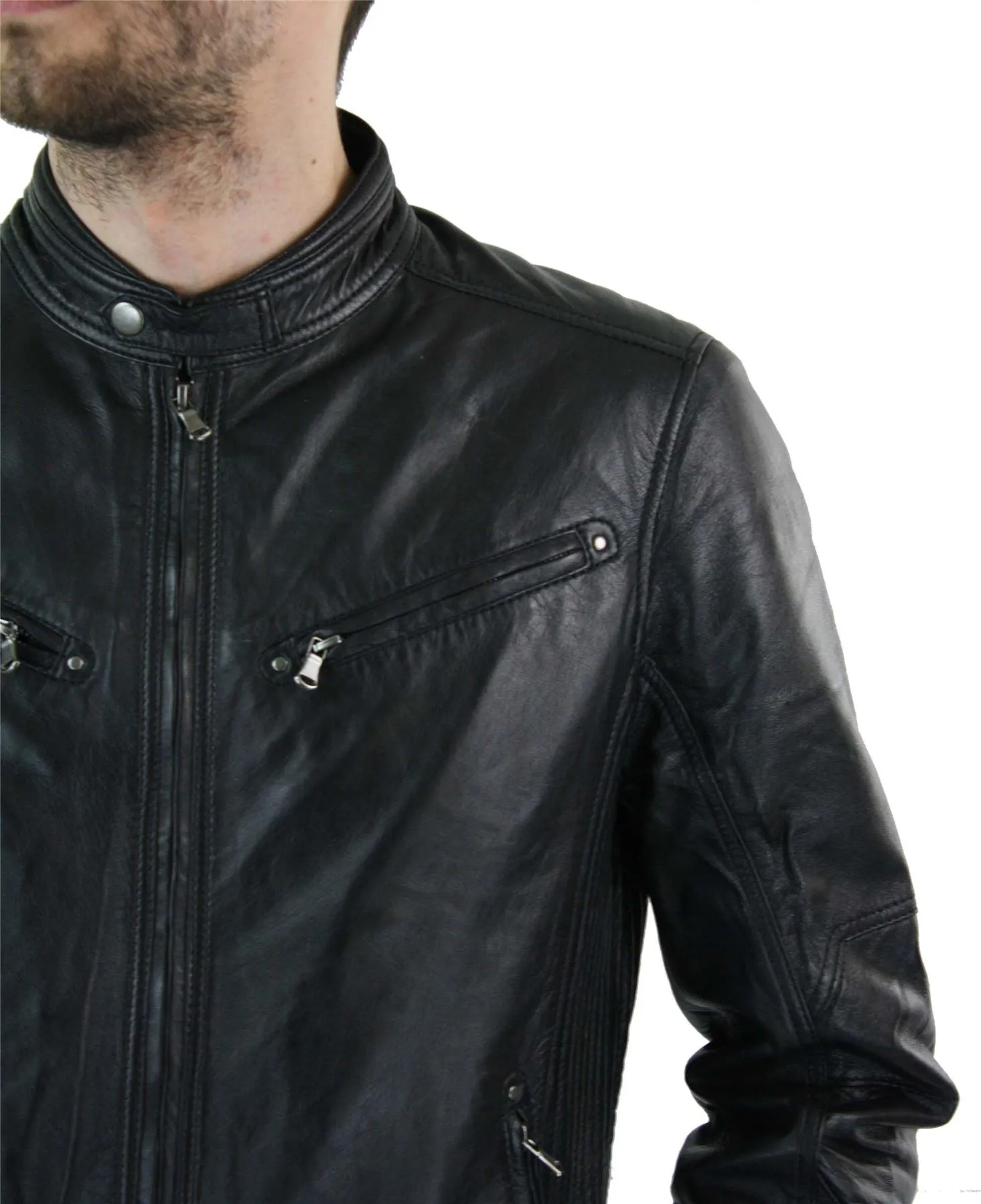 Men's Zipped Leather Biker Jacket Black Tan Brown