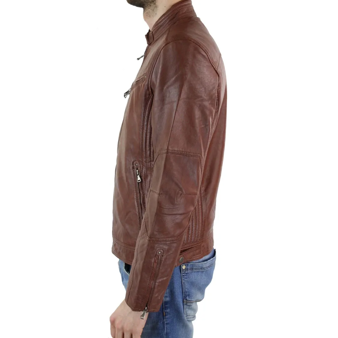 Men's Zipped Leather Biker Jacket Black Tan Brown