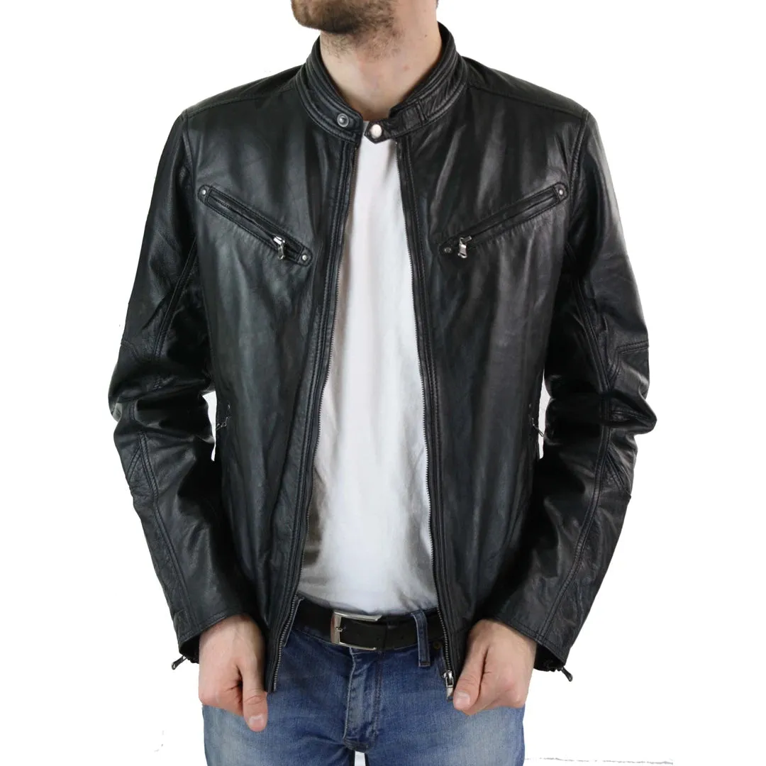 Men's Zipped Leather Biker Jacket Black Tan Brown