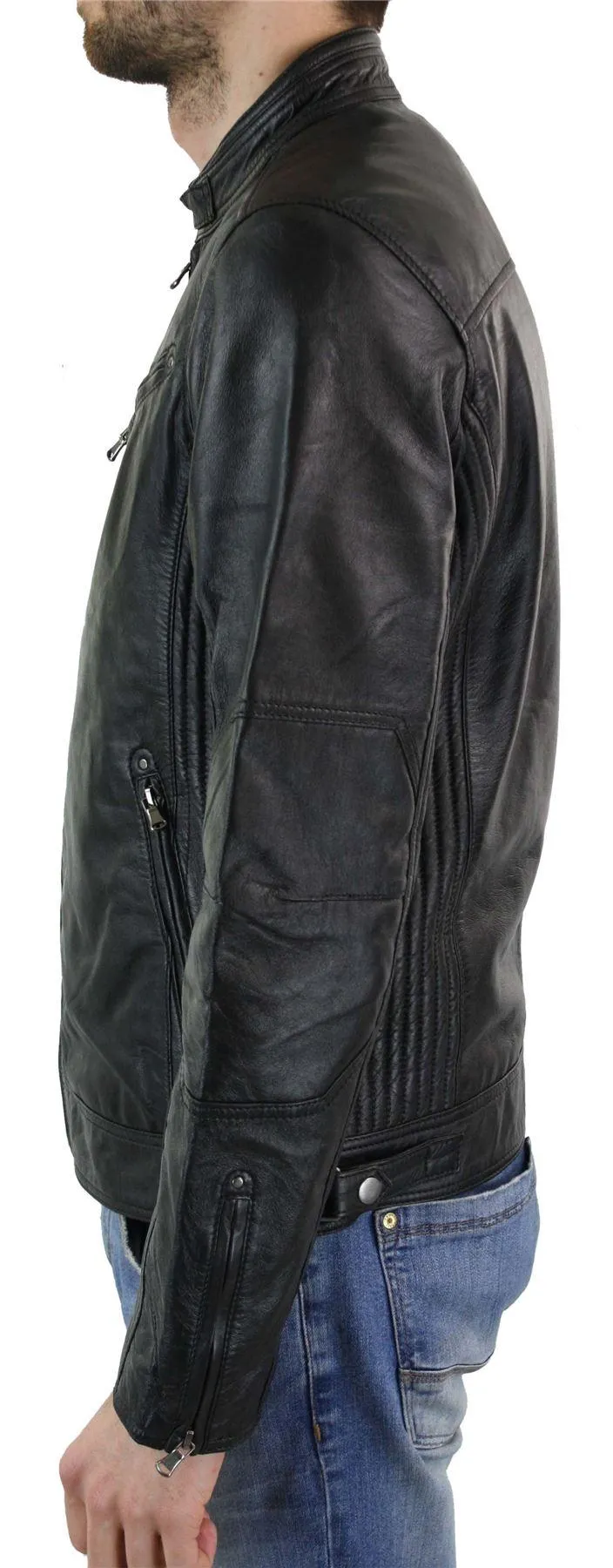 Men's Zipped Leather Biker Jacket Black Tan Brown