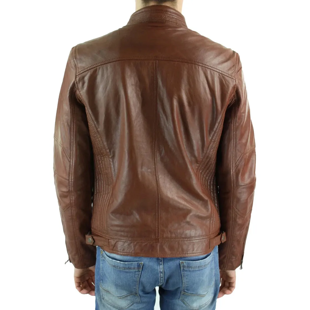 Men's Zipped Leather Biker Jacket Black Tan Brown