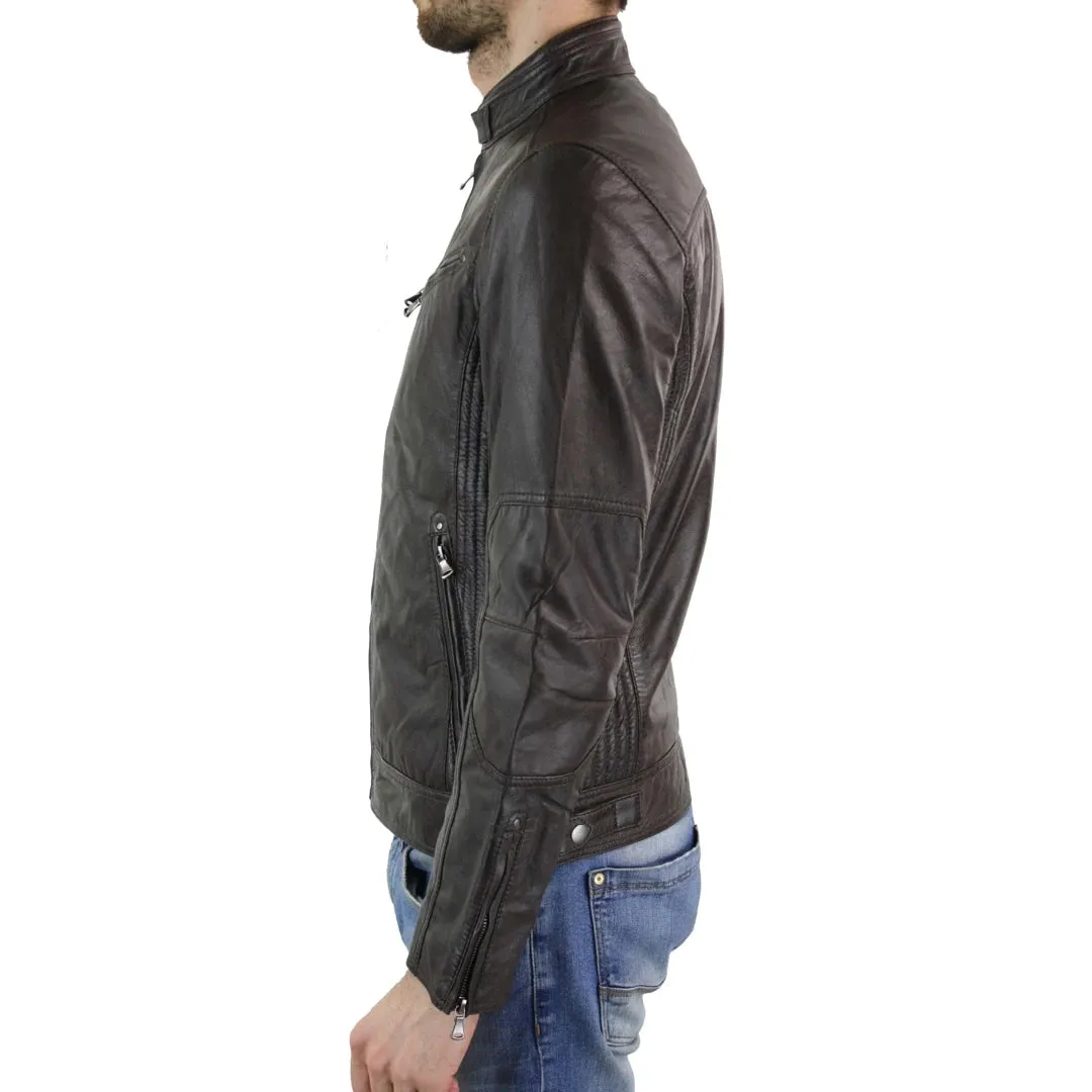 Men's Zipped Leather Biker Jacket Black Tan Brown