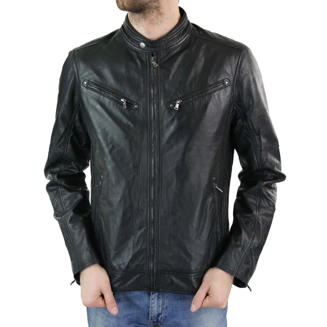 Men's Zipped Leather Biker Jacket Black Tan Brown