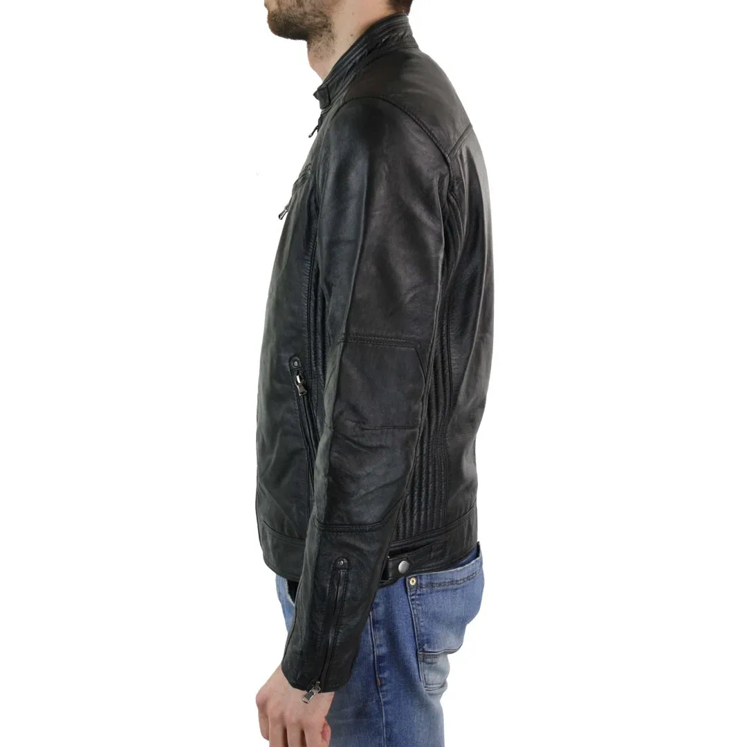 Men's Zipped Leather Biker Jacket Black Tan Brown