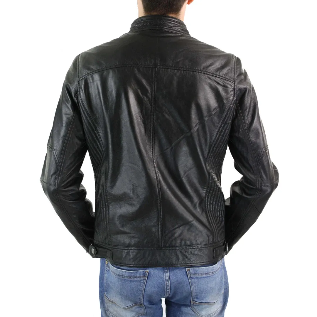 Men's Zipped Leather Biker Jacket Black Tan Brown