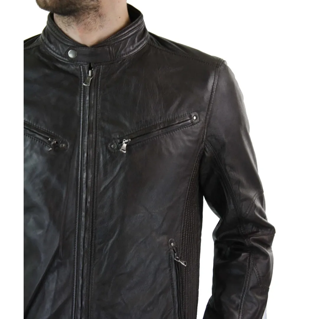 Men's Zipped Leather Biker Jacket Black Tan Brown