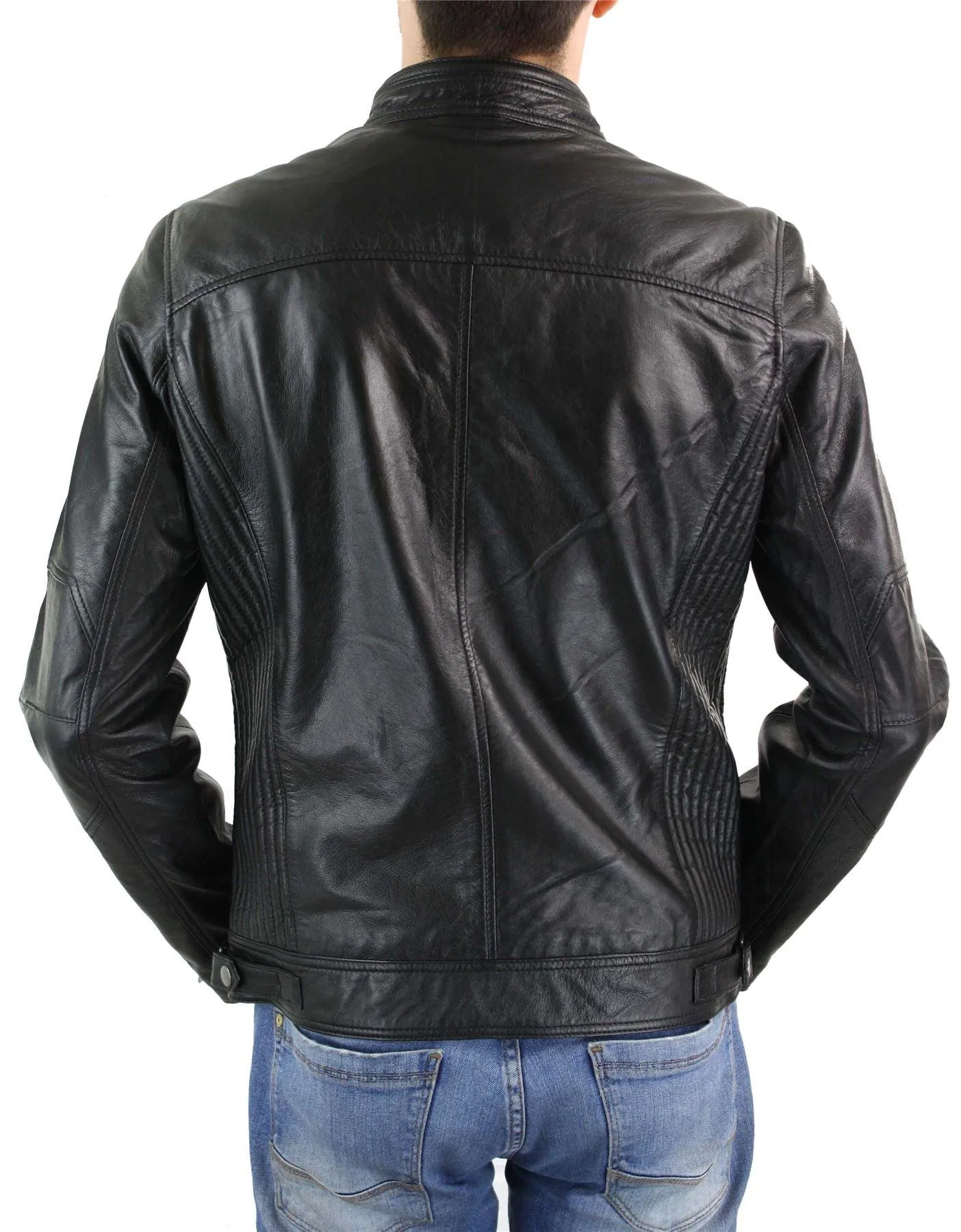 Men's Zipped Leather Biker Jacket Black Tan Brown