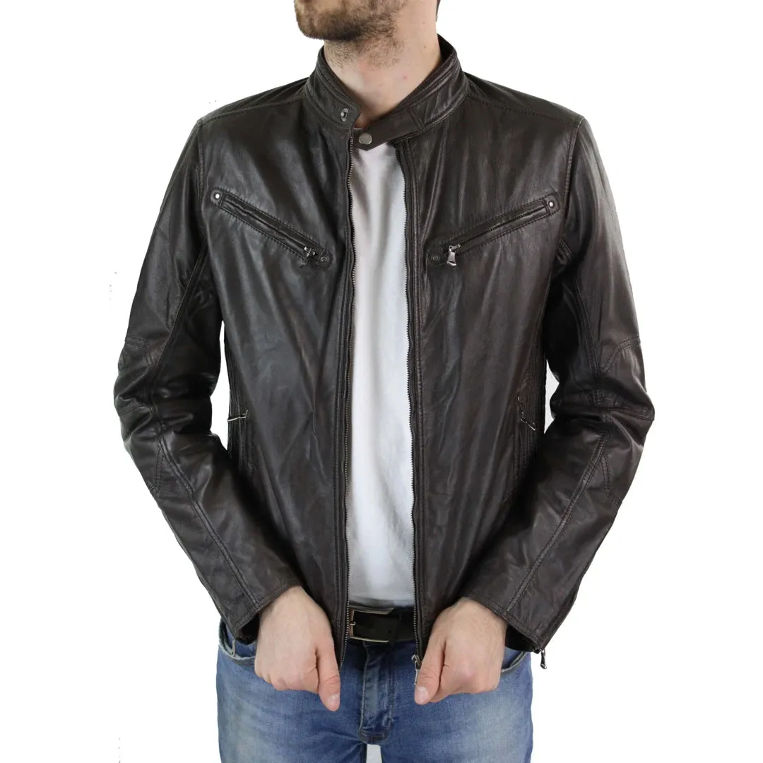 Men's Zipped Leather Biker Jacket Black Tan Brown