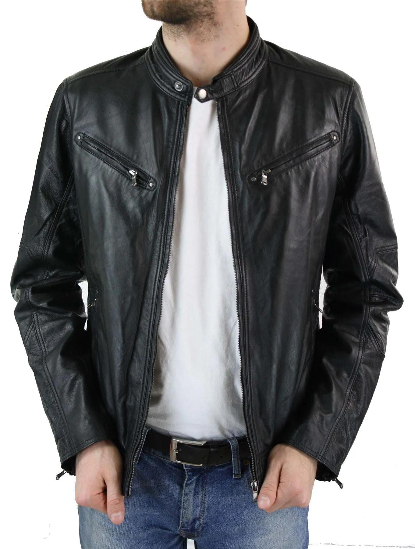 Men's Zipped Leather Biker Jacket Black Tan Brown