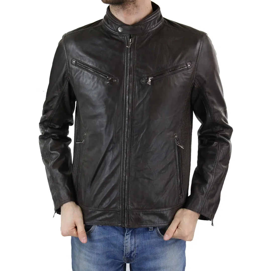 Men's Zipped Leather Biker Jacket Black Tan Brown