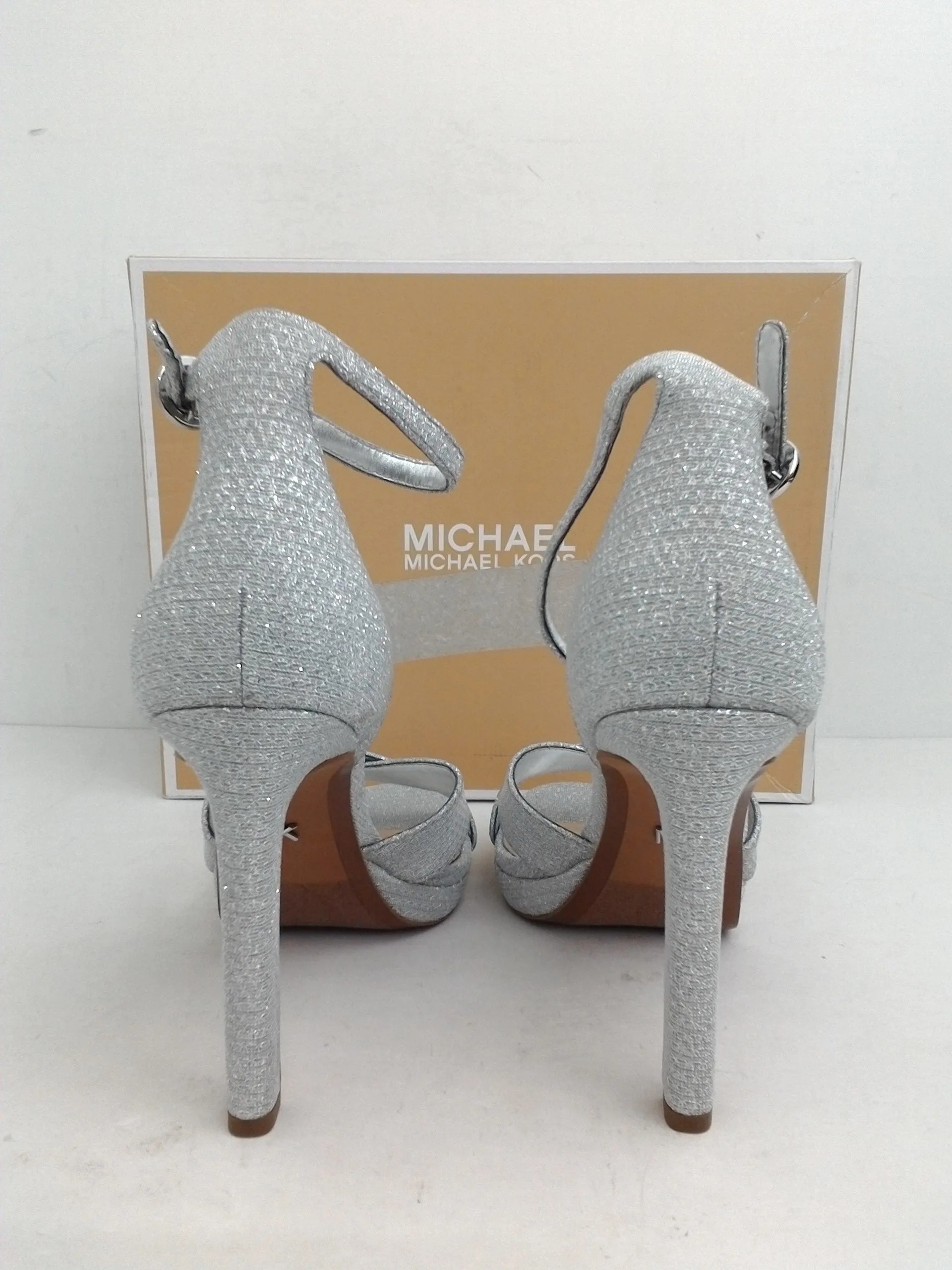 Michael Kors Women's Alexia Sandal Glitter Silver Heeled Sandal Size 6 M