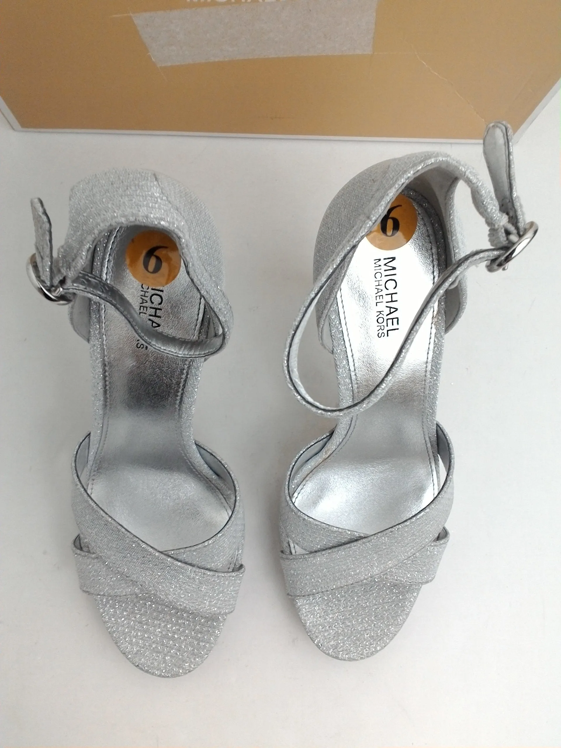 Michael Kors Women's Alexia Sandal Glitter Silver Heeled Sandal Size 6 M