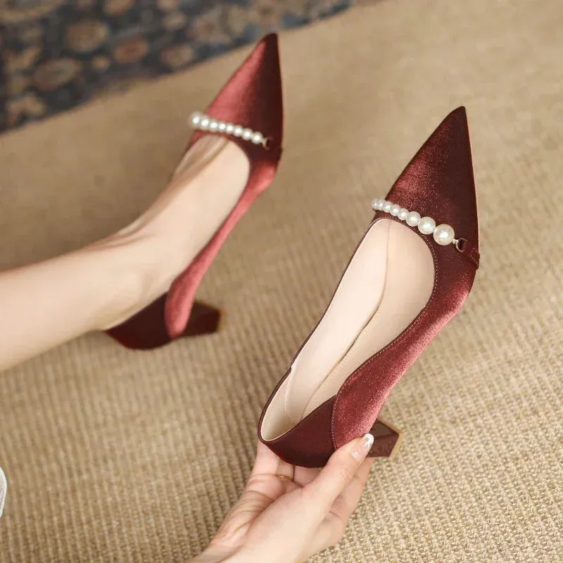 New Elegant Pearl Embellished Korean Fashion Women's Highs Shal Mouth Thick Shoes Low Heel Pumps