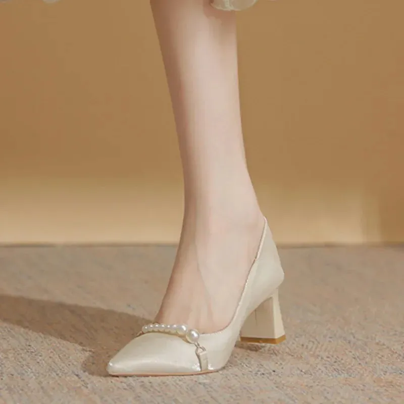 New Elegant Pearl Embellished Korean Fashion Women's Highs Shal Mouth Thick Shoes Low Heel Pumps