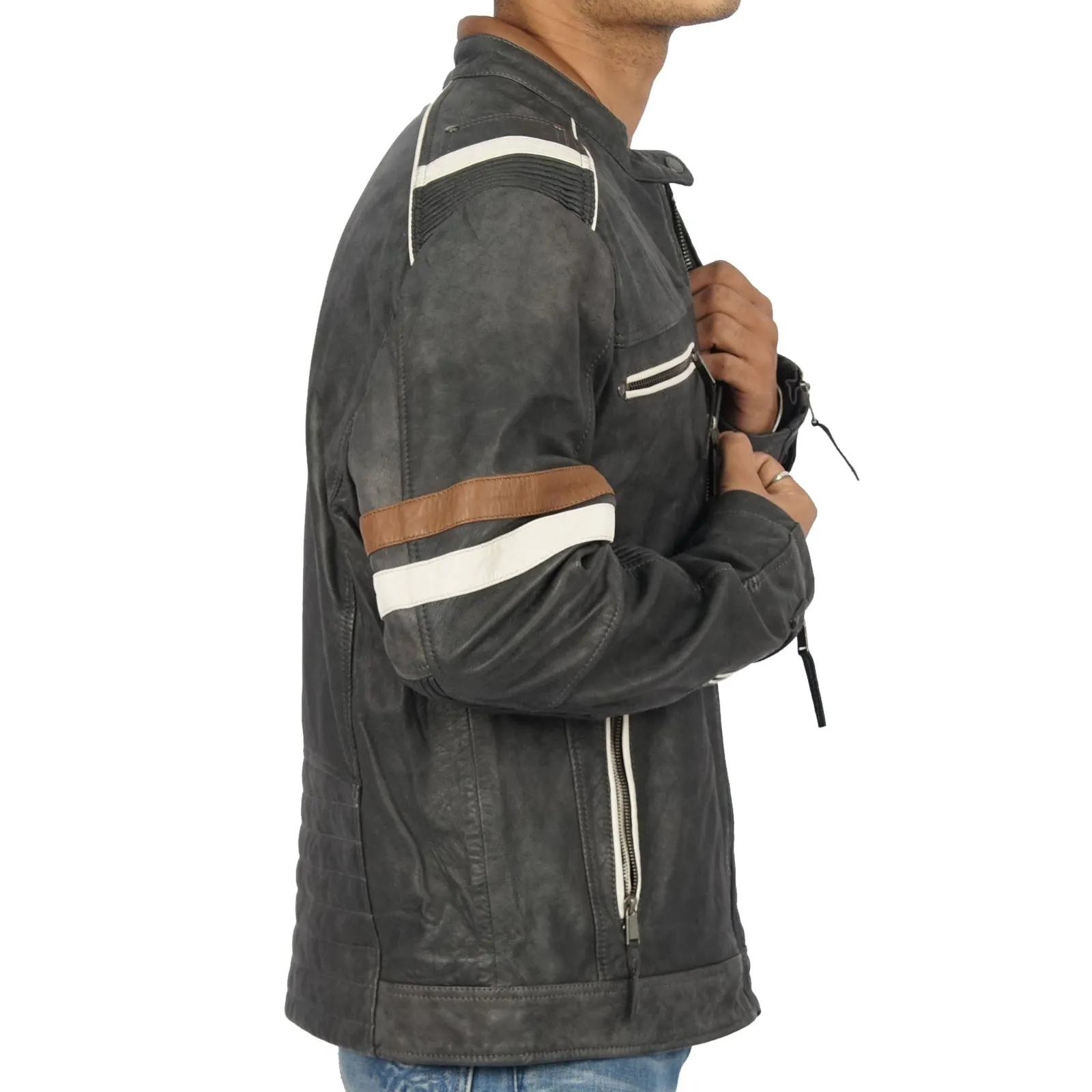 Noah Bomber Grey Biker Leather Jacket