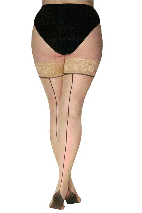 Pamela Mann Curvy Super-Stretch Jive Seamed Stay-up Stockings in Nude/Black with Nude Tops