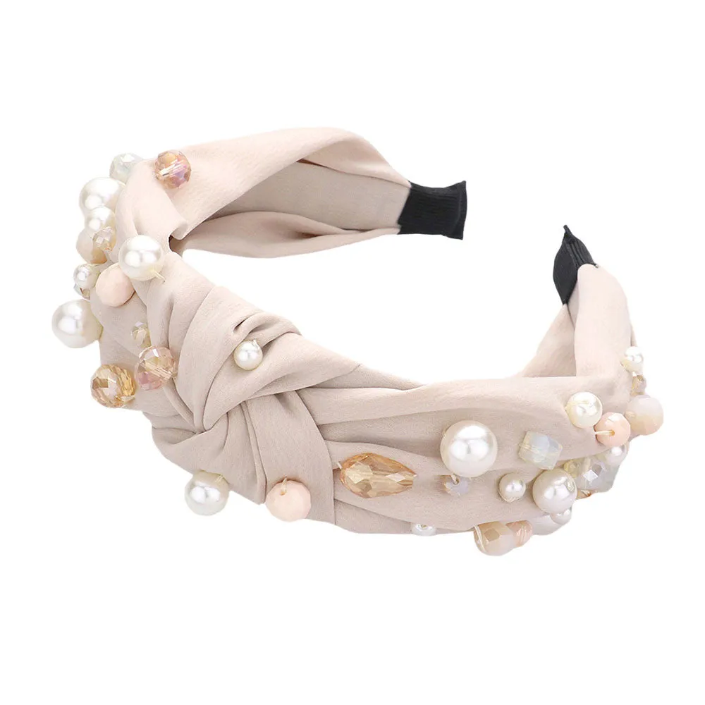 Pearl Multi Bead Embellished Knot Burnout Headband