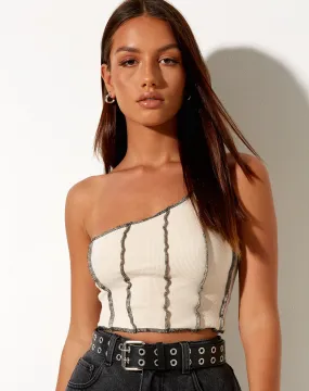 Rara Crop Top in Rib Ecru with Black Stitching