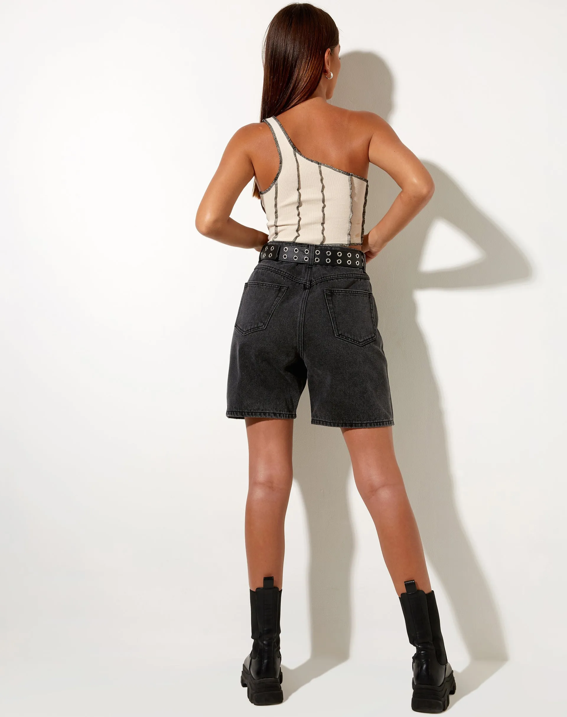 Rara Crop Top in Rib Ecru with Black Stitching