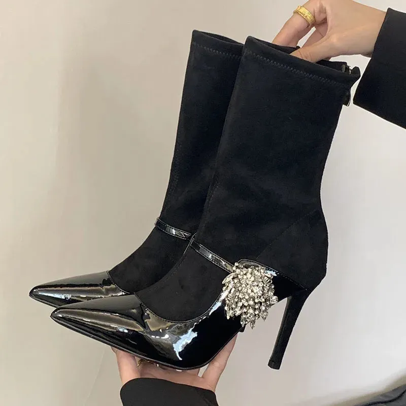 Rhinestone Accented Pointed Toe Elastic Heeled Ankle Boot