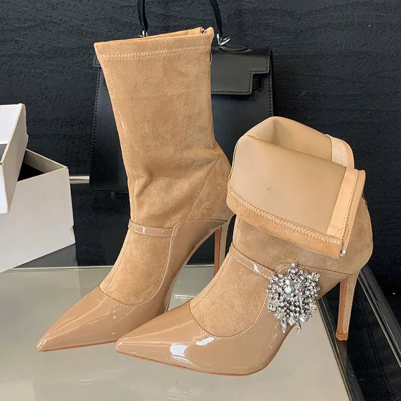 Rhinestone Accented Pointed Toe Elastic Heeled Ankle Boot