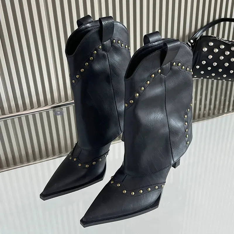 Riveted Modern Chelsea Pointed Toe Heeled Ankle Boot