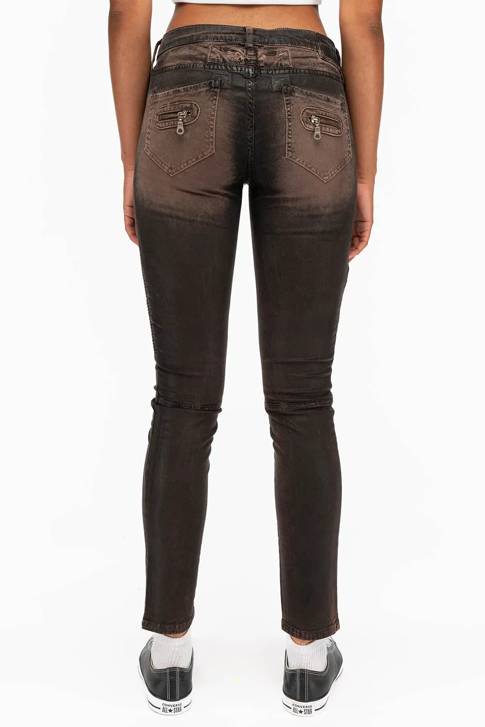 ROBIN'S WOMENS SKINNY BIKER JEANS MOTO IN TOFFE IRENE BLACK