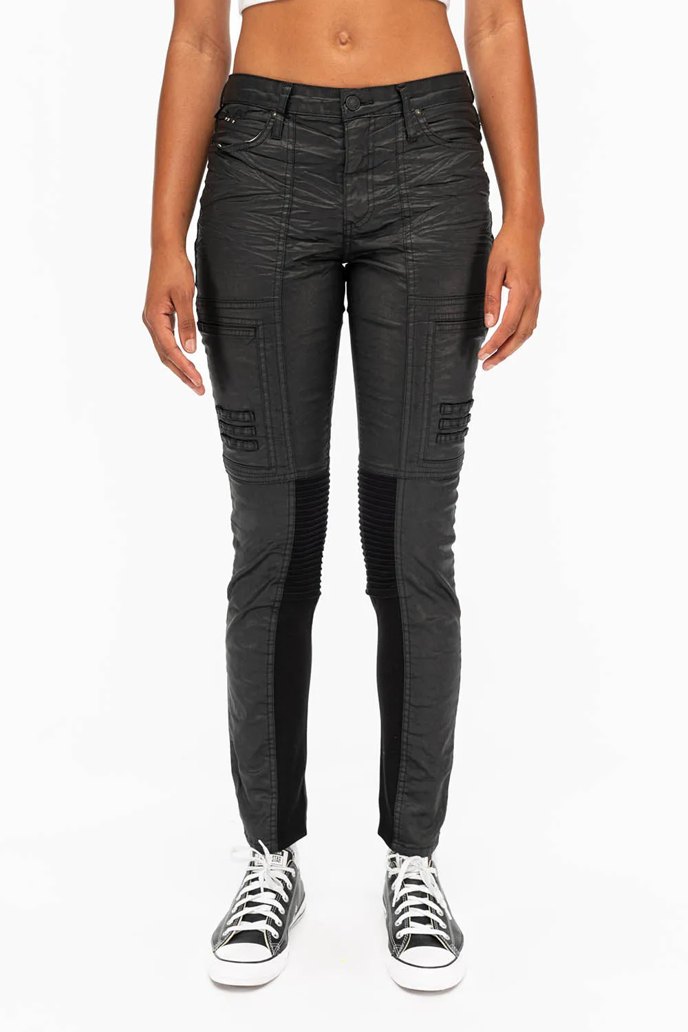 ROBIN'S WOMENS SKINNY MOTO DY FABRIC JEANS IN BLACK