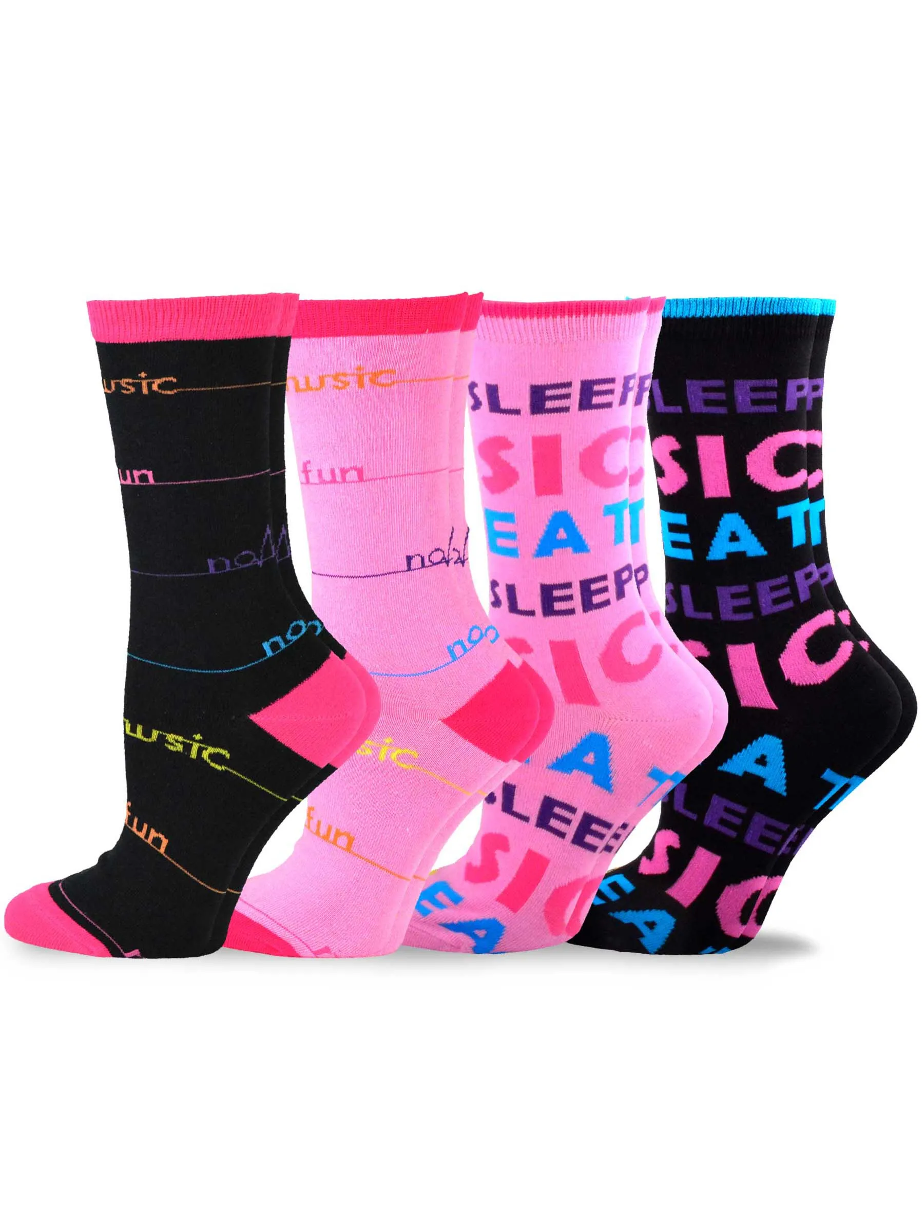 TeeHee Socks Women's Novelty Cotton Crew No Music No Fun 4-Pack (109356)