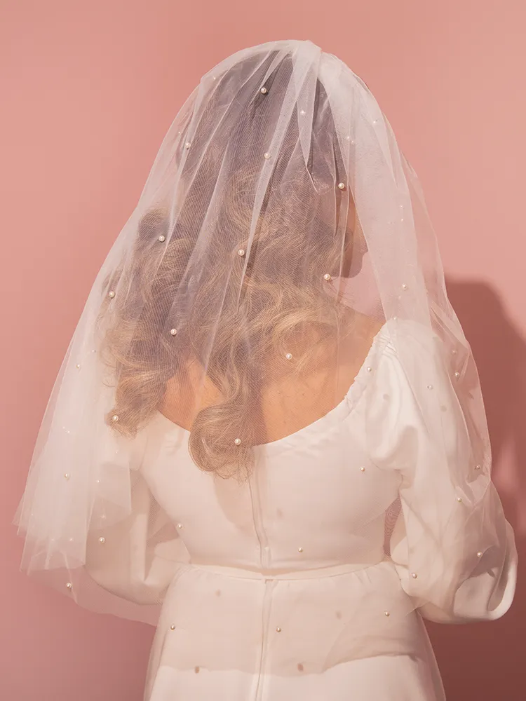 Tulle Veil with Pearl Bead Accents in White Mesh