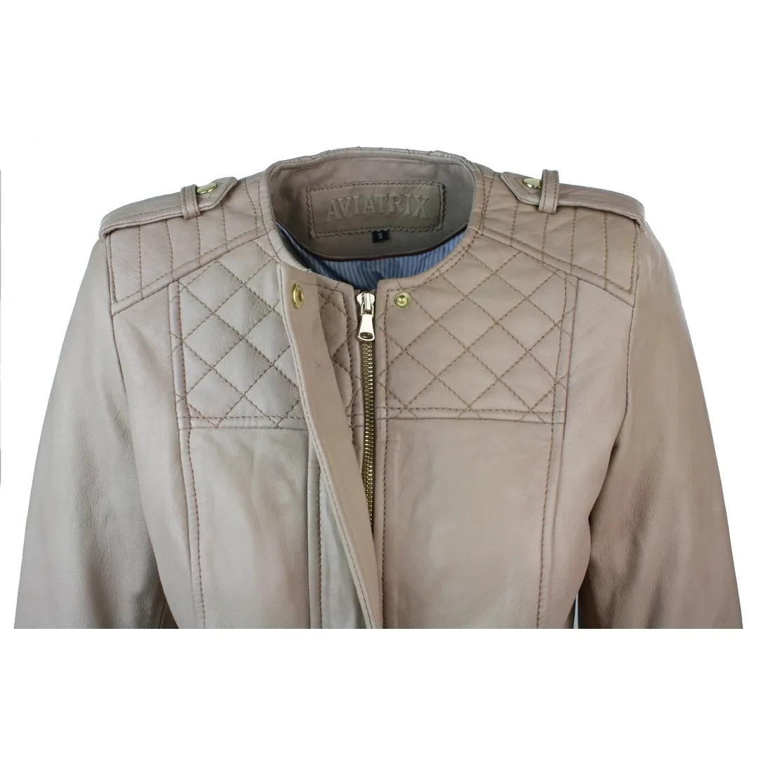 Women's Cream Biker Fitted Lambskin Leather Jacket