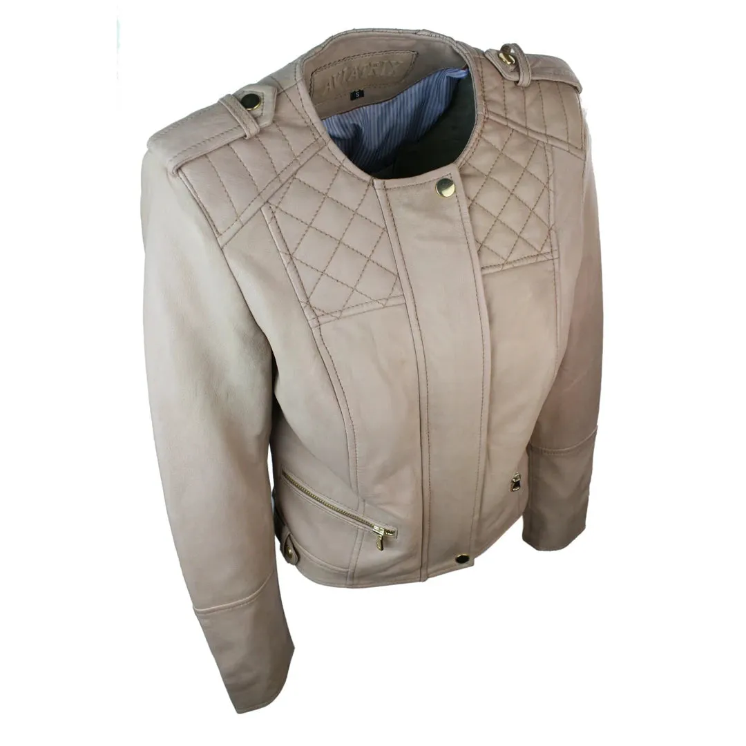 Women's Cream Biker Fitted Lambskin Leather Jacket