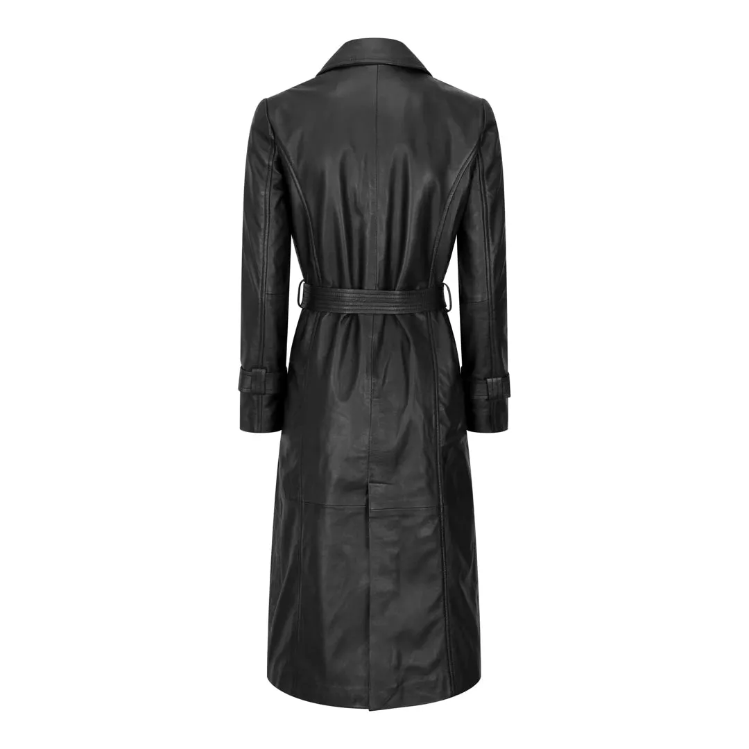 Womens Real Leather Trench Coat Mac Classic 3/4 Long Black 1980s Vintage Retro